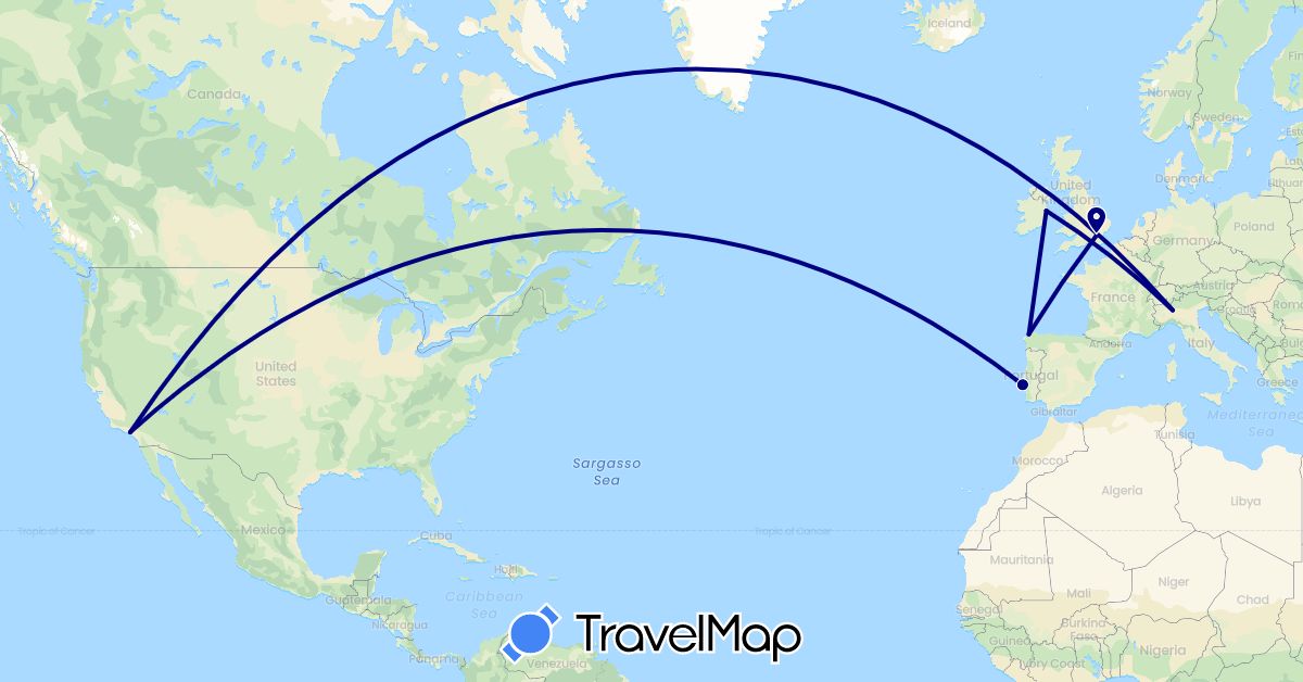 TravelMap itinerary: driving in Spain, United Kingdom, Ireland, Italy, Portugal, United States (Europe, North America)